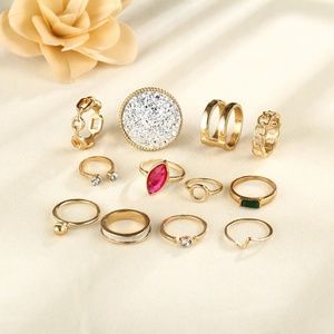 12 Piece Ring Set Gold Sparkle & Colored Gems NWOT